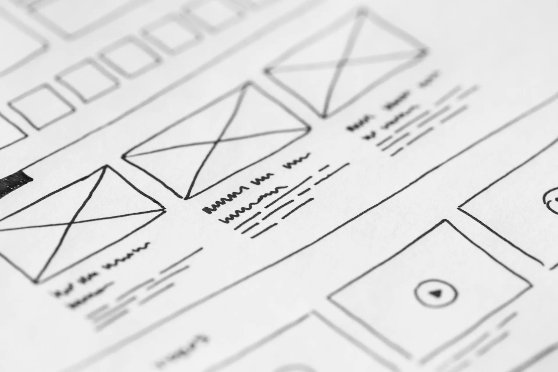 Website layout planning and structure with hand-drawn wireframes